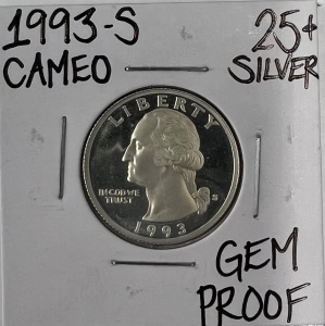 1993-S GEM CAMEO PROOF SILVER QUARTER