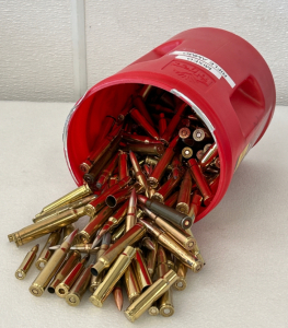 Coffee Can with Mixed Rifle Ammo and Brass