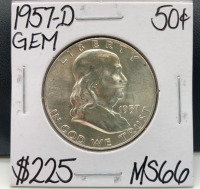 1957-D MS66 Gem Franklin Silver Half Dollar