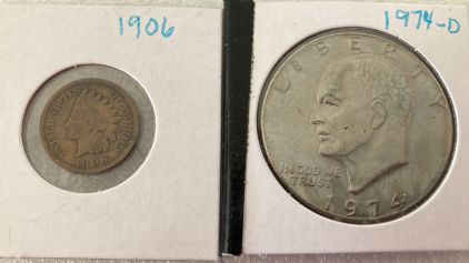 1906 & 1974-D Indian Had Penny And Eisenhauer Dollar