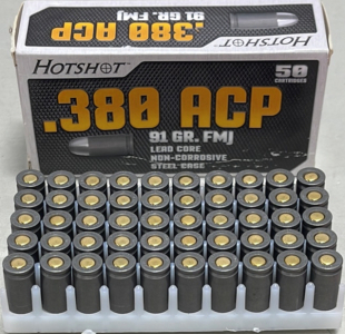 100 Rounds Of Hotshot .380 ACP 91 Gr. FMJ Lead Core Non Corrosive Steel Case Ammunition