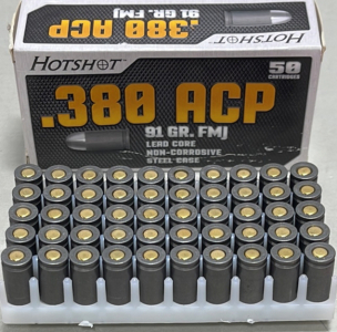 100 Rounds Of Hotshot .380 ACP 91 Gr. FMJ Lead Core Non Corrosive Steel Case Ammunition