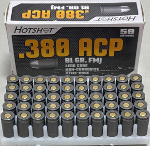 100 Rounds Of Hotshot .380 ACP 91 Gr. FMJ Lead Core Non Corrosive Steel Case Ammunition