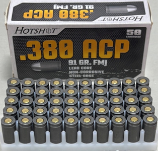 100 Rounds Of Hotshot .380 ACP 91 Gr. FMJ Lead Core Non Corrosive Steel Case Ammunition