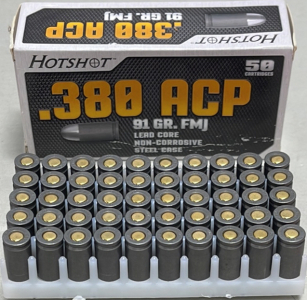 100 Rounds Of Hotshot .380 ACP 91 Gr. FMJ Lead Core Non Corrosive Steel Case Ammunition