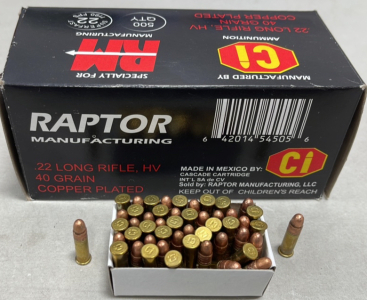 (500) Rounds Raptor MFG. .22 Long Rifle 40 Grain Copper Plated Ammunition