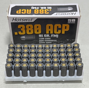 100 Rounds Of Hotshot .380 ACP 91 Gr. FMJ Lead Core Non Corrosive Steel Case Ammunition