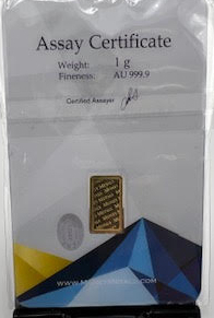 Gold Bar, 1 Gram, .9999 Pure in Assay Package