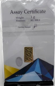 Gold Bar, 1 Gram, .9999 Pure in Assay Package