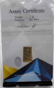 Gold Bar, 1 Gram, .9999 Pure in Assay Package