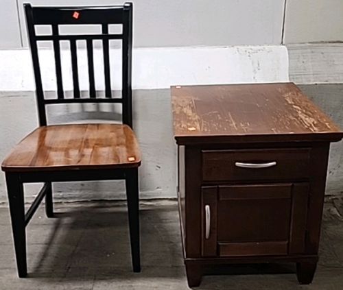 End Table with Drawer and Shelf, Black and Brown Wood Chair