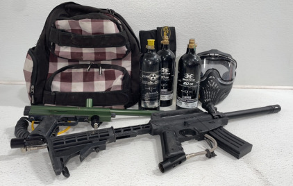 Various Paintball Equipment Including (2) Guns, Mask, (3) Tanks, (3)Ball Canisters, Backpack