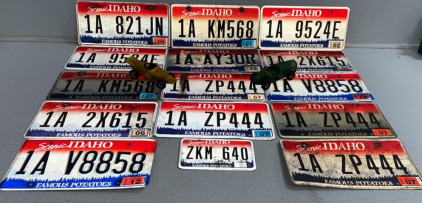 (15) Idaho License Plates (1A) And (2) Model Wood Cars