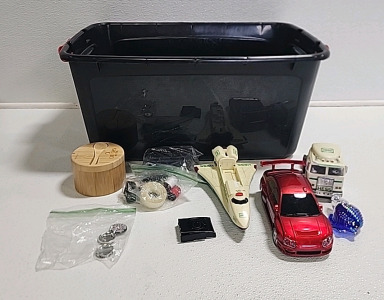 Miscellaneous Items Including Sewing Kit, Toy Cars, Belt Buckle