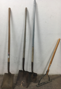 (3) Shovels, (1) Weed Cutter