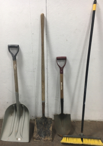 (2) Shovels, (1) Snow Shovel, (1) Outdoor Broom