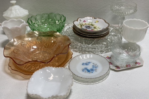 Assorted Milk, Color, and Clear Glass Dishes, Decorative Plates