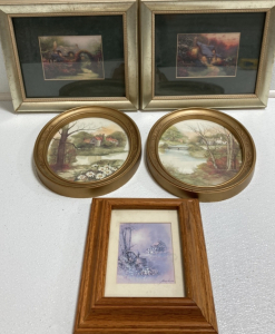 (2) Small Framed Kinkade Prints, (2) Framed Oval Cottage Prints, (1) Small Framed Well and Cottage Print
