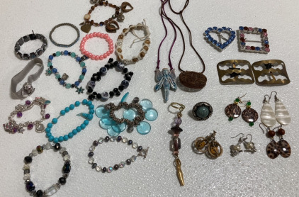Assorted Beaded Bracelets, Earrings, Necklaces and Belt Buckles
