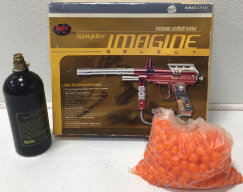 Spyder Paintball Gun, Orange Paintballs