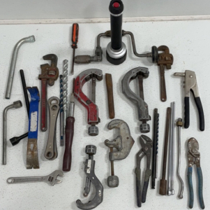 Various Hand Tools And Accessories Including Wrench’s, Drill Bits, Crowbars, Pipe Cutters, And More!