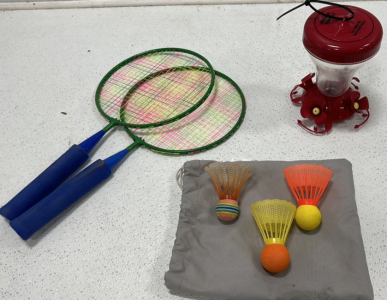 (2) Badminton Rackets & (3) Birdies, (1) Humming Bird Feeder