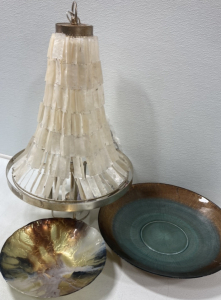 Capiz Chandelier; (2) Decorative Glass Dishes