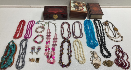 Assorted Beaded Necklackes and Bracelets, (3) Small Jewelry Boxes