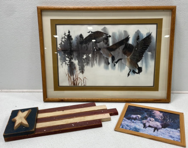 Large Goose Painting, American Flag Decor & Elk Photo