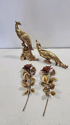 Decorative Gold Birds, (2) Metal Roses