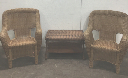 (2) Wicker Chairs, (1) Wicker Coffee Table
