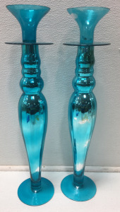 (2) Blue Glass Candle Holders