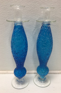 (2) Blue Glass Candle Stick Holders