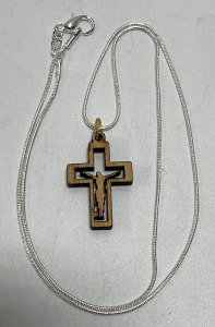 (1) Olive Wood Cross From Jerusalem Silver .925 Necklace