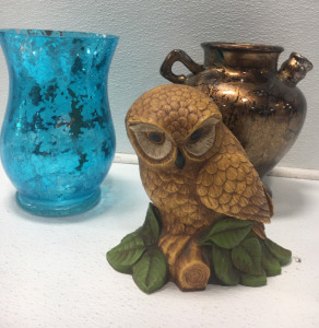 (2) Vases, (1) Owl Statue