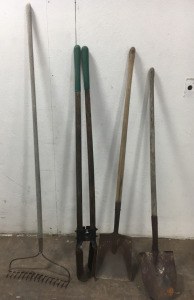 (2) Shovels, Rake, Hole Digger