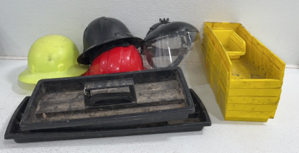 (3) Tradesmen Hard Hats, (1) Plastic Face Mask, (7) Plastic Tool Organizers