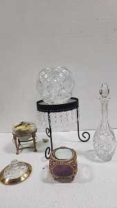 Decorative Stand with Crystal Globe, Glass and Gold Contaior, Gold Potpourri Holder, Glass Vase