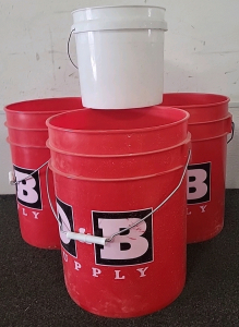 (3) Red D&B 5 Gallon Buckets with (1) White 2 Gallon Bucket