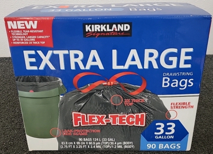 Brand New Box of Kirkland 33 Gallon Draw String Trash Bags