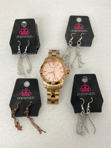 (4) Pairs of Paparazzi Earrings and Vince Camuto Watch