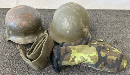 (2) Vintage Military Helmets, Winter Shooter Mittens, and Combat Utility Adjustable Belt