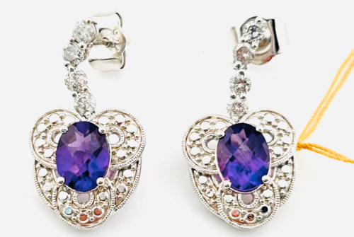 $4,730 925 Sterling Silver Amethyst Quartz & Natural Diamond Earrings