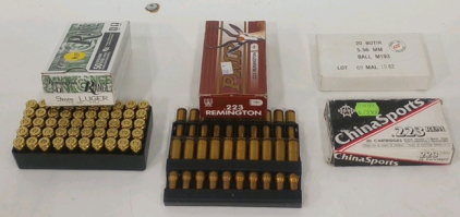 (50) Remington 9mm Luger 115GR Ammunition Cartridges (20) PMP .223 Remington Ammunition Cartridges (20) Norinco China Sports .223 Ammunition Cartridges (20) Butir 5.56 Ball Ammunition Cartridges