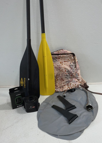 (2) Different Paddling Ores, (2) Inflatable Pillows With 4D Pump, Ice Scrapers, Childs Backpack, Sink Faucet, Used Bike Pedals, And Small White Area Rug