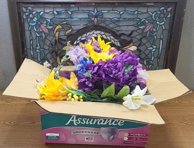 Box of Artificial Flowers with Stained Glass Wall Decor