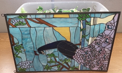 Stained Glass Peacock Wall Decor with Artificial Plants and Tote