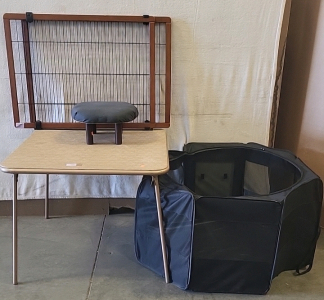 Vintage Metal Table with Folding Legs, Puppy/Small Dog Play Pen, Wooden Baby Gate and Small Stool