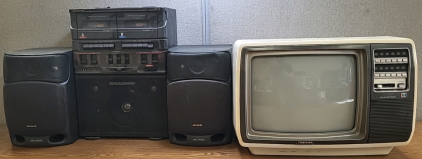 Working Toshiba Black Stripe TV with Singalodeon Karaoke Machine, Aiwa Speakers and More