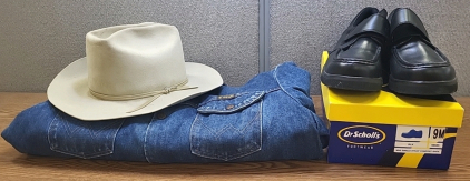 Stetson Cowboy Hat, Wrangler Jean Jacket with Like New Dr. Scholls Men's Shoes